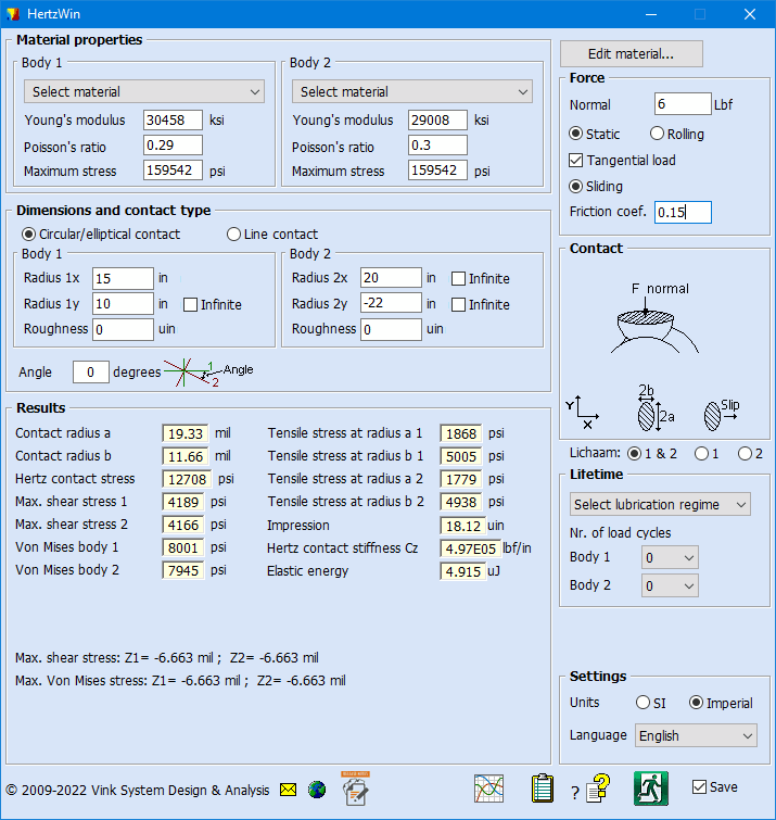 Main window of HertzWin, the free software tool to calculate Hertzian contacts