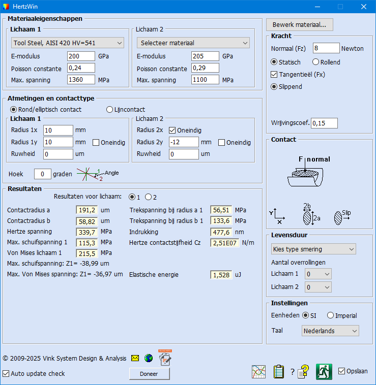 Hoofdscherm van HertzWin, het gratis softwareprogramma om Hertze-contacten te berekenen.